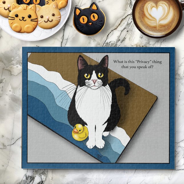 Tuxedo-Katze Lustig Badezimmer Privatsphäre Blau Puzzle (Von Creator hochgeladen)