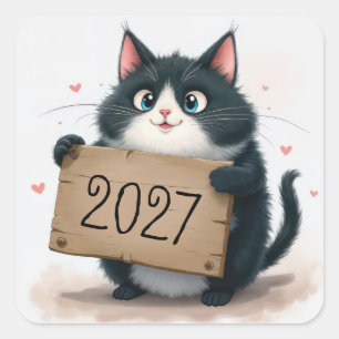 Tuxedo-Katze mit 2027 Neujahrs-Schild Quadratischer Aufkleber