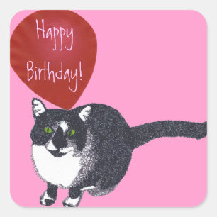 Tuxedo Katze mit Balloon Happy Birthday Stickers