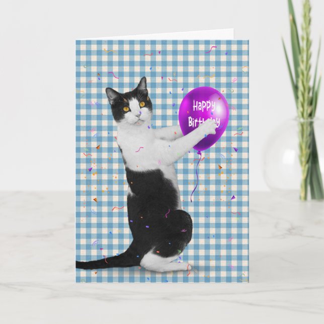 Tuxedo Katze mit Birthday Balloon Card Karte (Vorderseite)