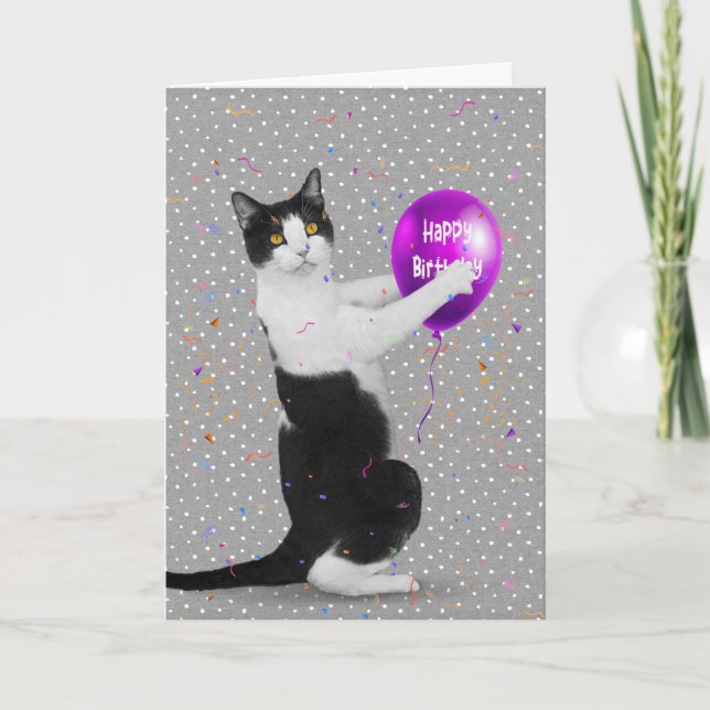 Tuxedo Katze mit Birthday Balloon Karte (Vorderseite)