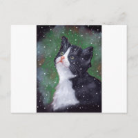 Tuxedo Katze mit Blick auf Schneeflocken, Gemälde