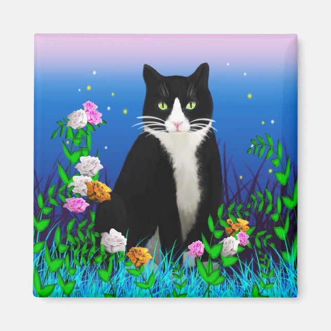 Tuxedo Katze mit Blume Magnet (Vorne)