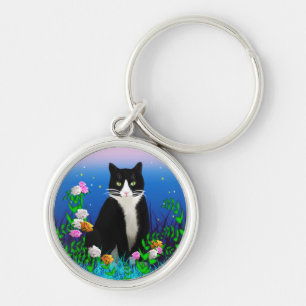 Tuxedo Katze mit Blume Schlüsselanhänger