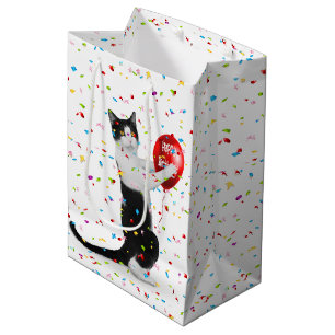 Tuxedo Katze mit Geburtstagsballon Mittlere Geschenktüte