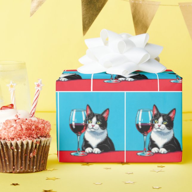 Tuxedo-Katze mit Glas Rotwein Geschenkpapier (Geburtstagsparty)