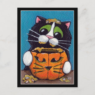 Tuxedo Katze mit Halloween Pumpkin Postkarte