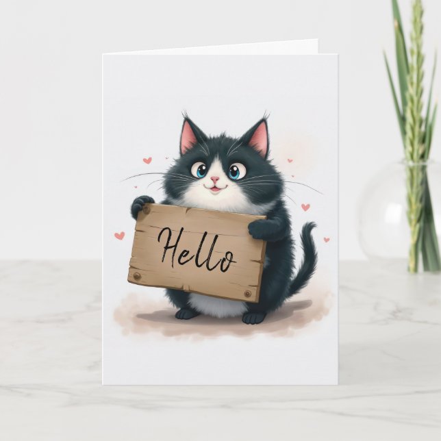 Tuxedo Katze mit Hello Sign Karte (Vorderseite)