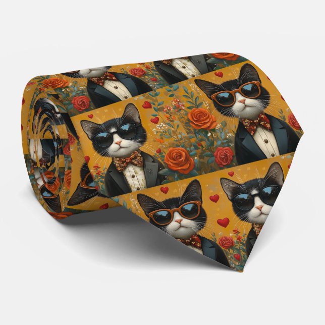 Tuxedo Katze mit Herz-Rose Valentinstag Krawatte (Gerollt)