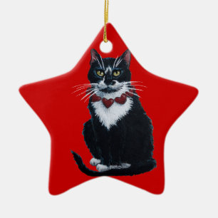 Tuxedo Katze mit Herzkragen Keramik Ornament
