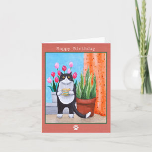 Tuxedo Katze mit Kaffee Geburtstag Karte