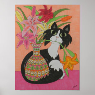 Tuxedo Katze mit Lilies Poster