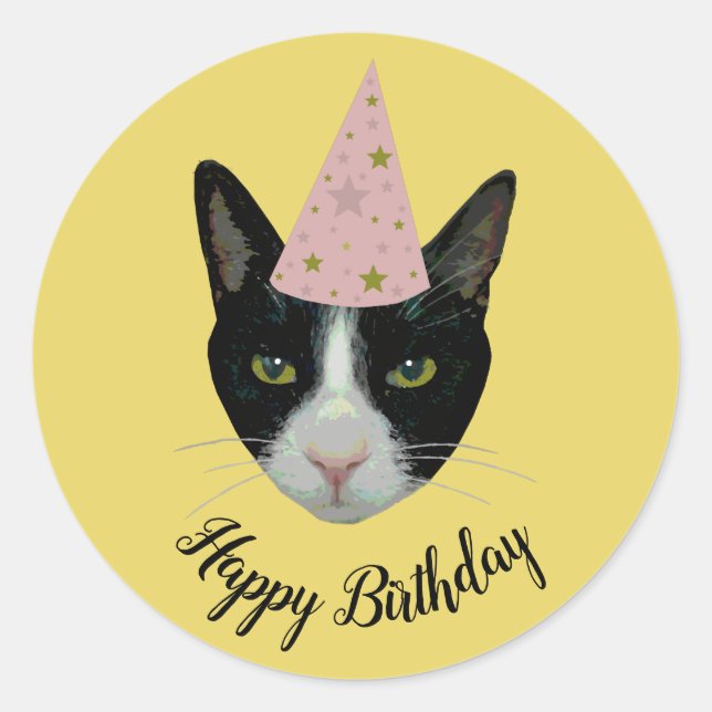 Tuxedo Katze mit Party Hat Runder Aufkleber (Vorderseite)