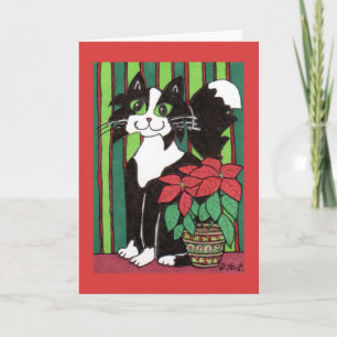 Tuxedo Katze mit Poinsettia Feiertagskarte