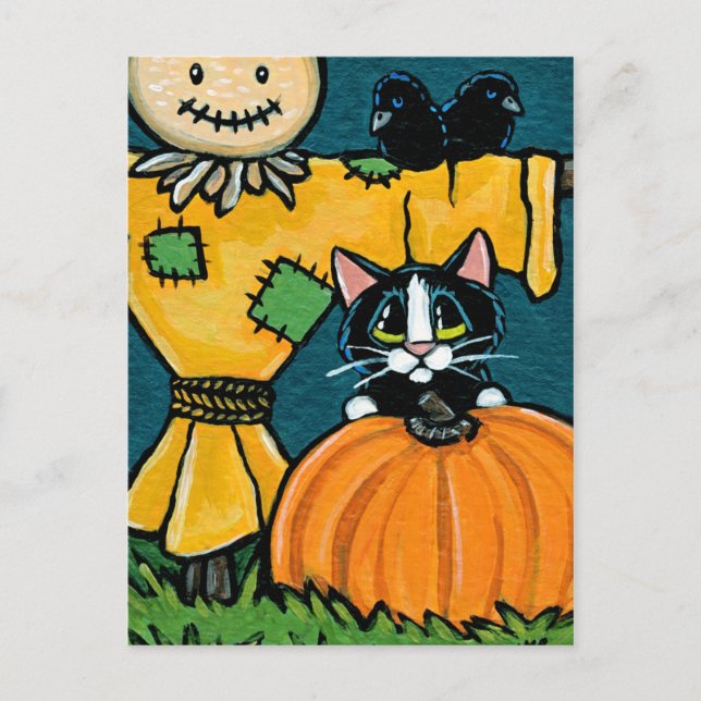 Tuxedo Katze mit Pumpkin und Scarecrow Illustratio Postkarte (Vorderseite)