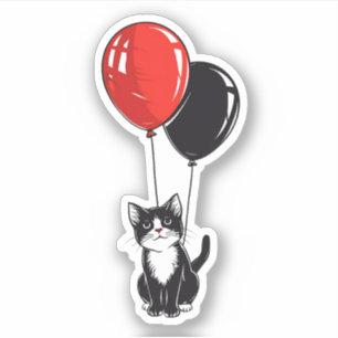 Tuxedo-Katze mit roten und schwarzen Luftballons Aufkleber