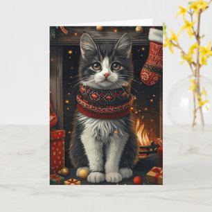 Tuxedo Katze mit Weihnachtsgeschenken Kamin Karte