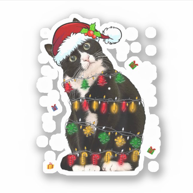 Tuxedo Katze mit Weihnachtsmannmütze Funny Christm Aufkleber (Vorderseite)