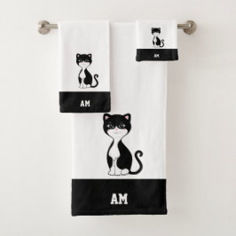Tuxedo Katze & Monogramm auf Schwarz und Weiß Badhandtuch Set
