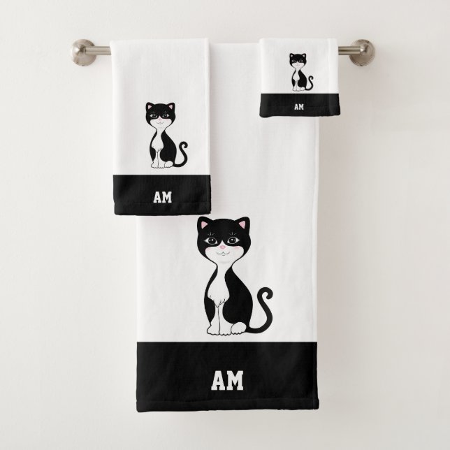 Tuxedo Katze & Monogramm auf Schwarz und Weiß Badhandtuch Set (Insitu)