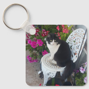 Tuxedo Katze Niedlich mit Hübschen Blume Schwarze  Schlüsselanhänger