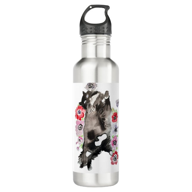 Tuxedo Katze Niedliche Hübsche Blume Katzen Wasser Edelstahlflasche (Vorderseite)