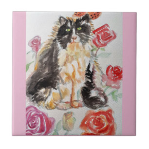 Tuxedo Katze Niedliche Rose Blume Katzen Aquarell  Fliese