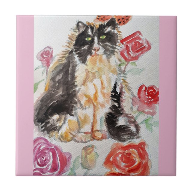 Tuxedo Katze Niedliche Rose Blume Katzen Aquarell  Fliese (Vorderseite)