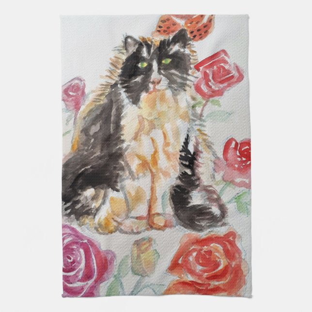 Tuxedo Katze Niedliche Rose Blume Katzen Aquarell  Geschirrtuch (Vertikal)