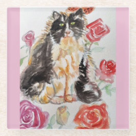 Tuxedo Katze Niedliche Rose Blume Katzen Aquarell Glasuntersetzer