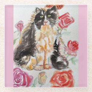Tuxedo Katze Niedliche Rose Blume Katzen Aquarell  Glasuntersetzer