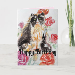 Tuxedo Katze Niedliche Rose Blume Katzen Aquarell  Karte
