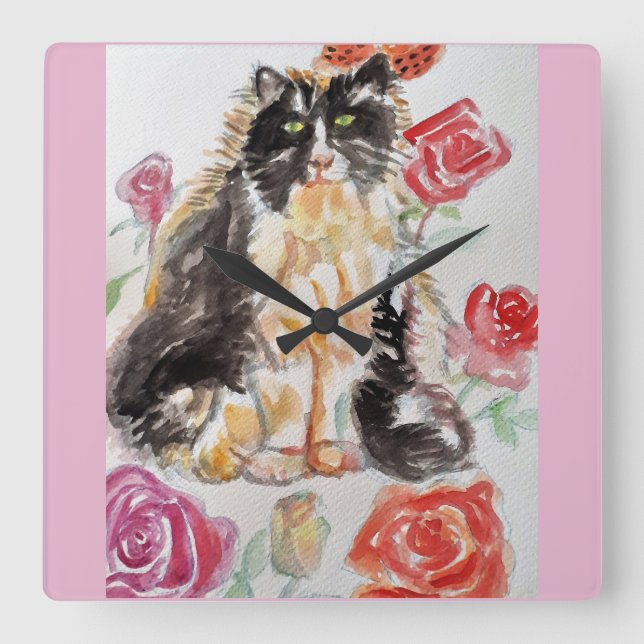 Tuxedo Katze Niedliche Rose Blume Katzen Aquarell  Quadratische Wanduhr (Vorderseite)