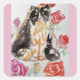 Tuxedo Katze Niedliche Rose Blume Katzen Aquarell Quadratischer Aufkleber