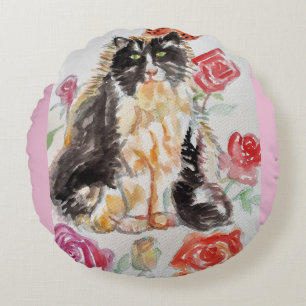 Tuxedo Katze Niedliche Rose Blume Katzen Aquarell Rundes Kissen