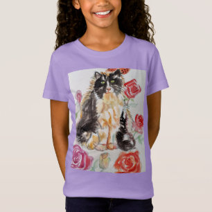 Tuxedo Katze Niedliche Rose Blume Katzen Aquarell T-Shirt