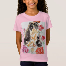 Tuxedo Katze Niedliche Rose Blume Katzen Aquarell T-Shirt