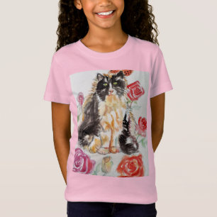 Tuxedo Katze Niedliche Rose Blume Katzen Aquarell  T-Shirt