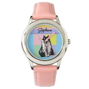 Tuxedo Katze Pastellfarben Rosa Mädchen Name Armbanduhr