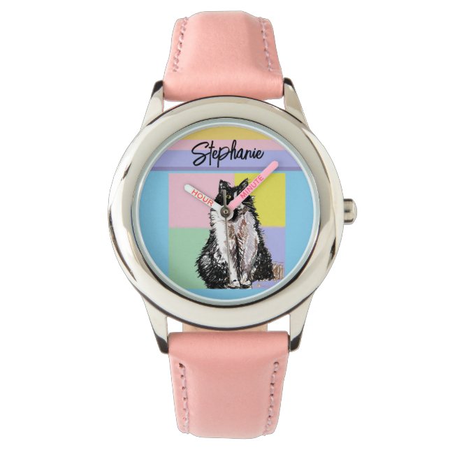 Tuxedo Katze Pastellfarben Rosa Mädchen Name Armbanduhr (Vorderseite)