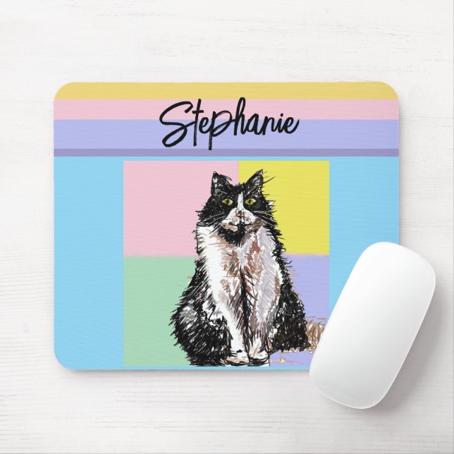 Tuxedo Katze Pastellfarben Rosa Mädchen Name Mousepad (Mit Mouse)