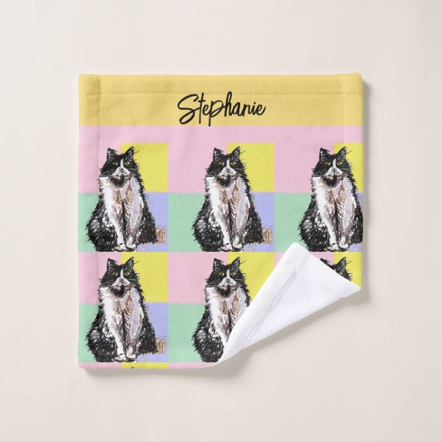 Tuxedo Katze Pastellfarben Rosa Mädchen Name Waschlappen (Waschlappen)