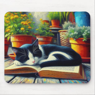 Tuxedo Katze Schlafen auf einem Buchgarten Malerei Mousepad