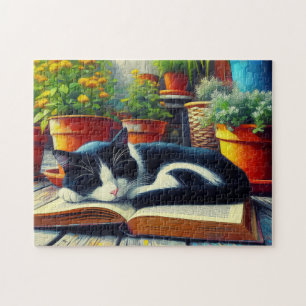 Tuxedo Katze Schlafen auf einem Buchgarten Malerei Puzzle
