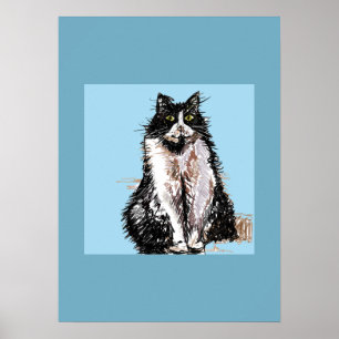 Tuxedo Katze Schwarz-weiß Katzen Blaues Plakat
