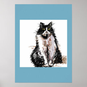 Tuxedo Katze Schwarz-weiß Katzen Blaues Plakat