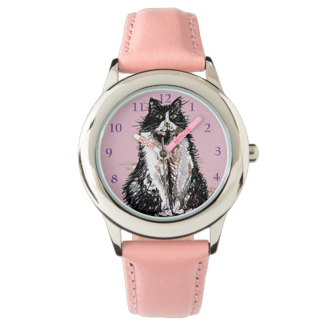 Tuxedo Katze Schwarz-weiß Katzen Niedlich Pink Gir Armbanduhr (Vorderseite)