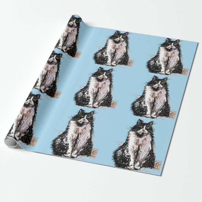 Tuxedo Katze Schwarze und Weiße Katzen Blau Liebha Geschenkpapier (Ungerollt)
