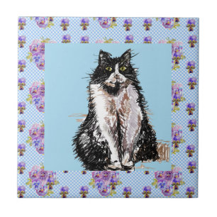 Tuxedo Katze Schwarze und Weiße Katzen Happy Tile Fliese