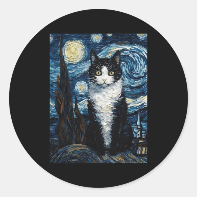 Tuxedo Katze Starry Night Moon and Stars Runder Aufkleber (Vorderseite)